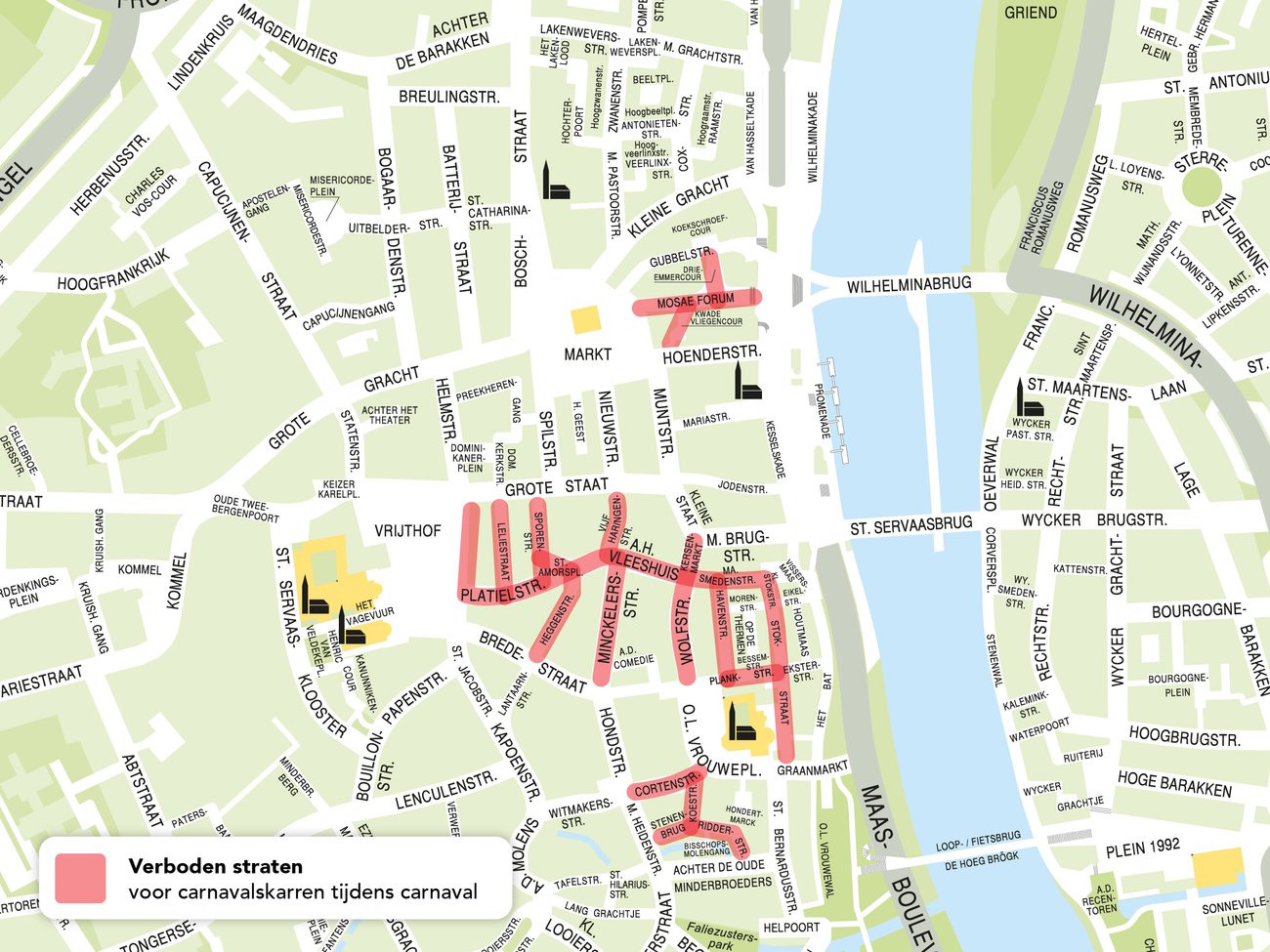 Een kaart met daarop in rood de verboden straten aangegeven